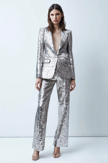 Sparkly Silver One Button 2-Piece Prom Suits